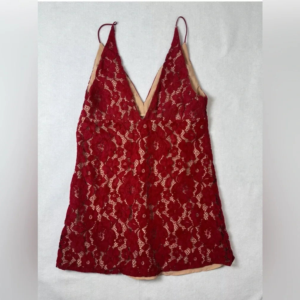 Free People Size‎ 12 Red Love Laced Corduroy V-Neck Mini Dress